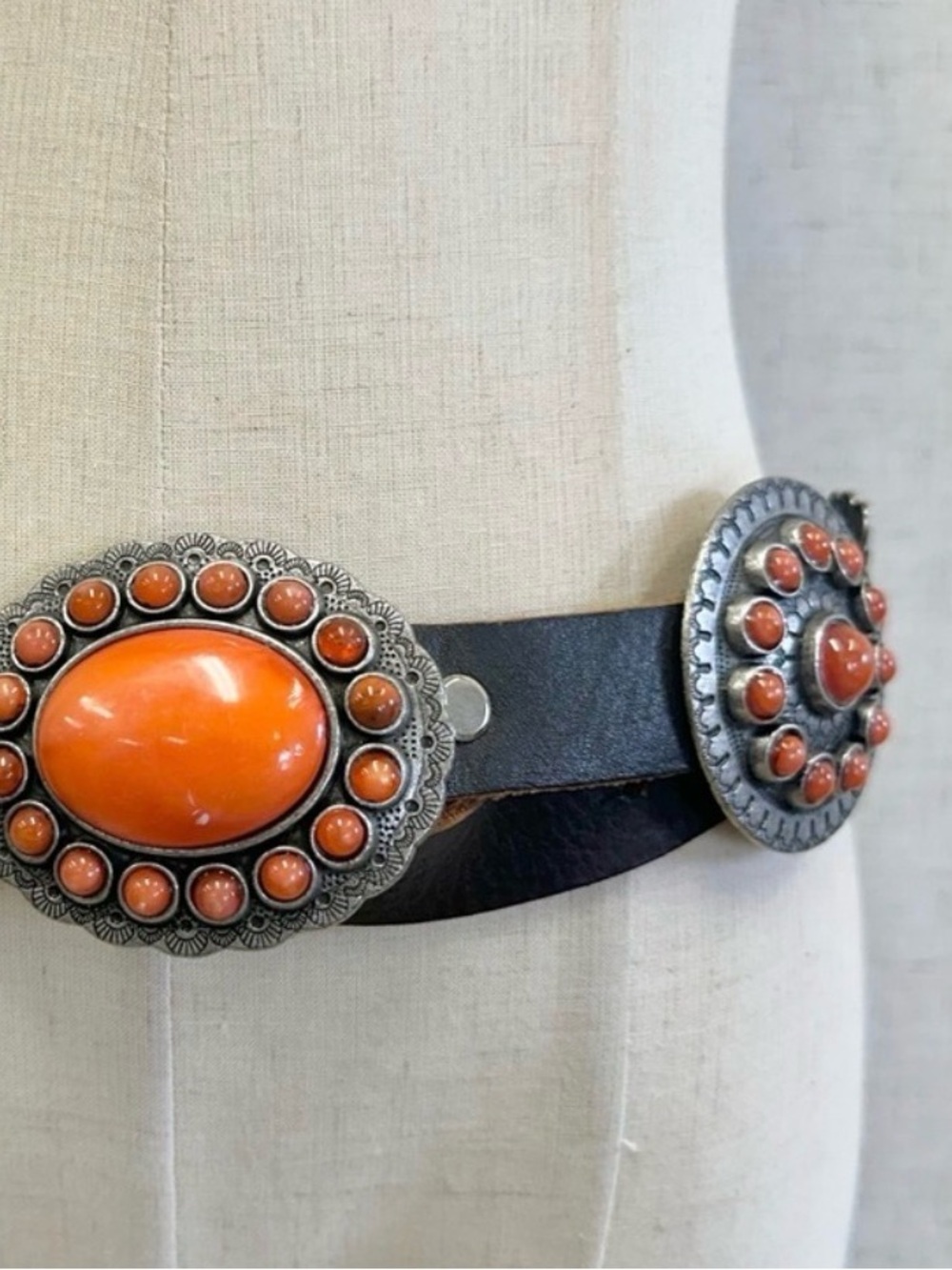 Vintage Black leather belt with heavy faux Coral Conchos  boho western RTL $495